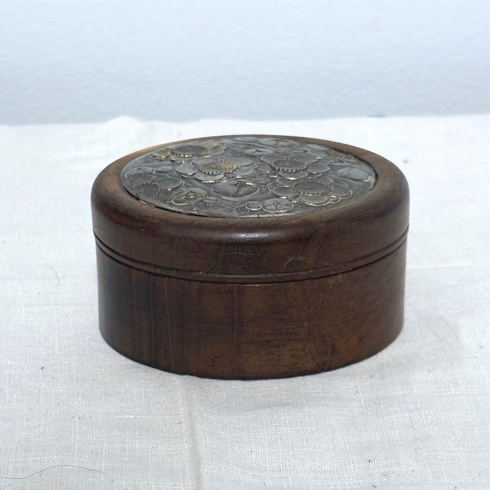 Vintage Round Wood Trinket Box Floral Repousse Metal Inlay Lid Interior Mirror